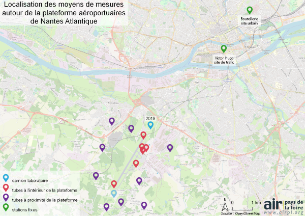 carte du dispositif de mesure de la qualité de l'air à proximité de l'aéroport
